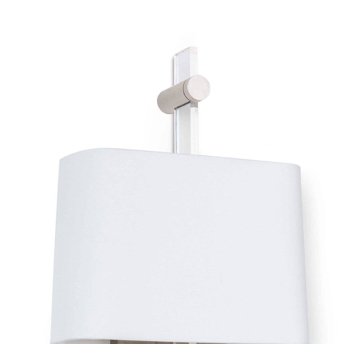 Taurus sconce with an acrylic body, polished nickel accents, and a white linen shade.
