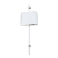 Taurus sconce with an acrylic body, polished nickel accents, and a white linen shade.