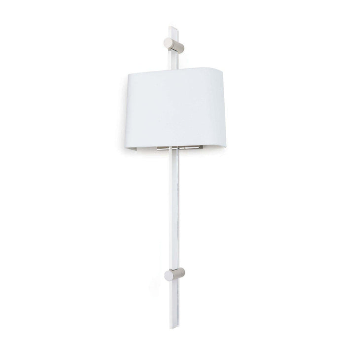 Taurus sconce with an acrylic body, polished nickel accents, and a white linen shade.