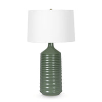 Olive green ceramic table lamp with ribbed body, natural brass neck, and white linen shade.