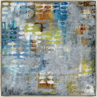Abstract giclee canvas painting with textured gray, blue, orange, and lime green oval patterns.