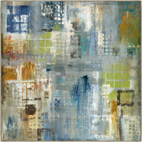 Abstract giclee canvas painting with blue, green, and gold grid patterns on a textured gray background.