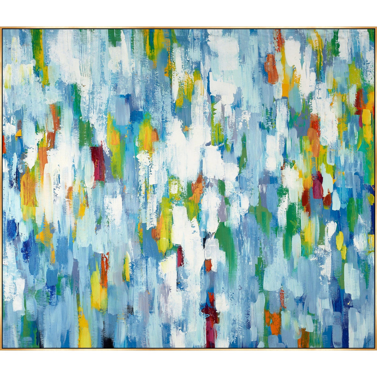 Abstract giclee canvas painting with blue, white, green, yellow, and orange brushstrokes in a gold frame.