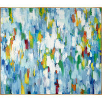 Abstract giclee canvas painting with blue, white, green, yellow, and orange brushstrokes in a gold frame.
