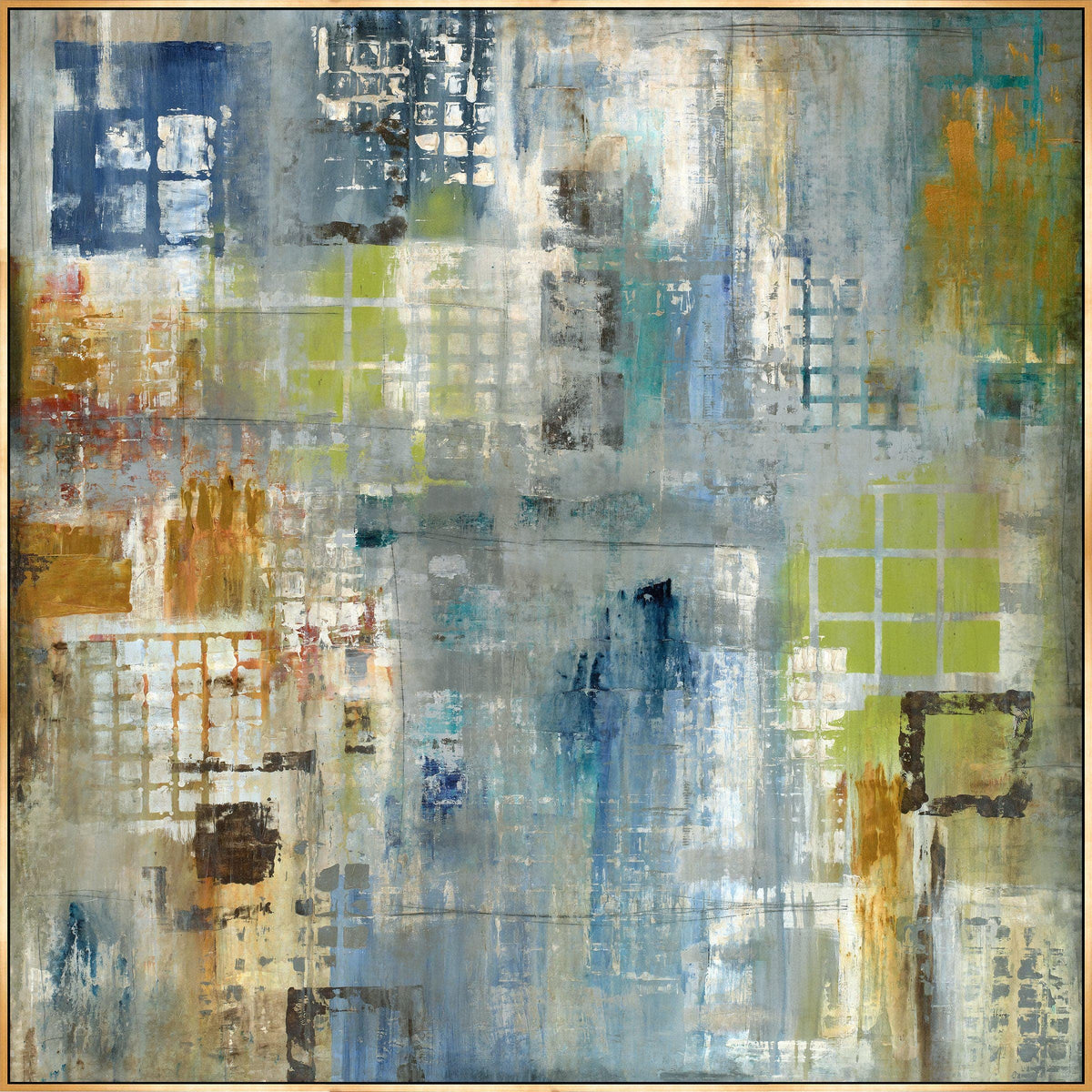 Abstract giclee canvas painting with blue, green, and gold hues, featuring a grid pattern and knife gel finish.