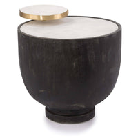 Ebony birch Theo accent table with a round alabaster top and a smaller, elevated brass-rimmed alabaster tray.