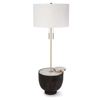 Theo Floor Lamp with ebony birch wood base, alabaster top, brass accents, and a white linen shade.