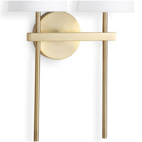 Toni Sconce Double: natural brass, double-armed sconce with two white linen shades.