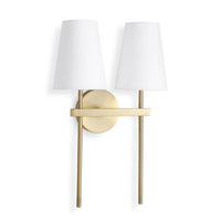 Toni Sconce Double: natural brass wall light with two white linen shades.