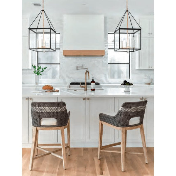 Two Tootsie Gray Rope Counter Stools with woven backs, gray teak legs, and white cushions in a modern kitchen.