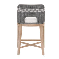 Gray woven rope counter stool with white stripe, gray teak legs, and a white cushion.