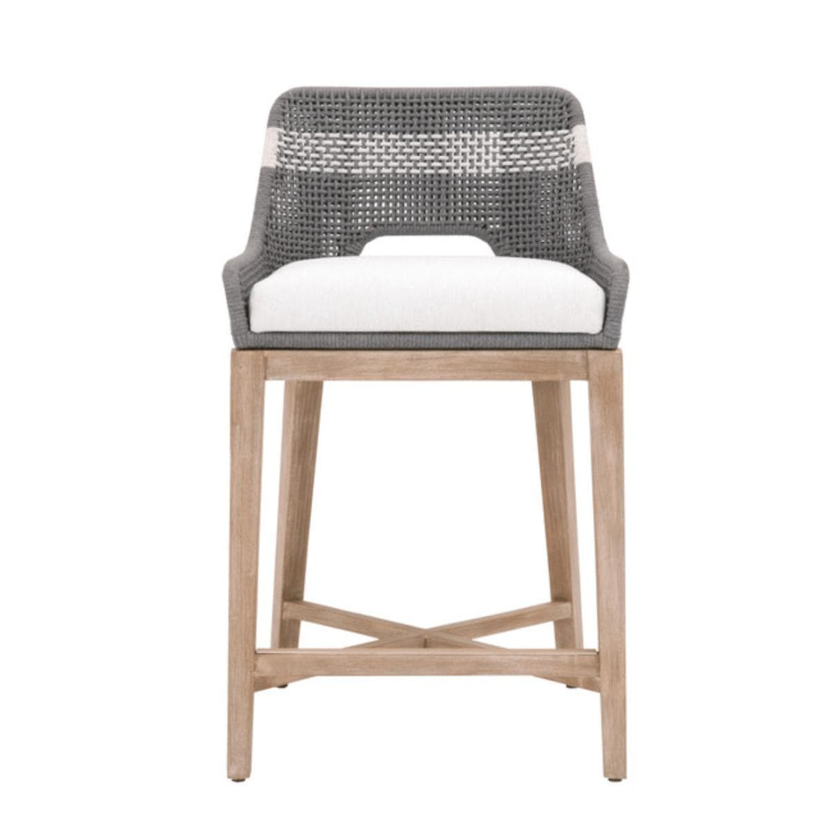 Gray woven rope counter stool with white cushion and gray teak legs.