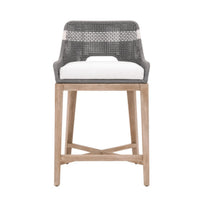 Gray woven rope counter stool with white cushion and gray teak legs.