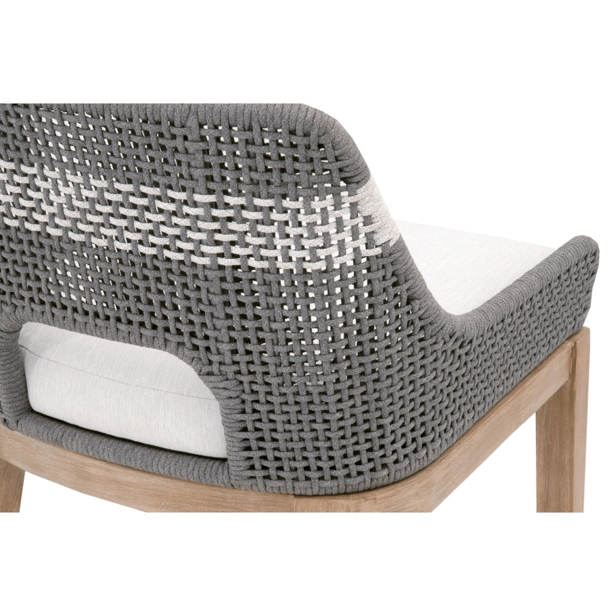 Gray woven rope counter stool with white speckle stripe, gray teak legs, and a white all-weather seat cushion.