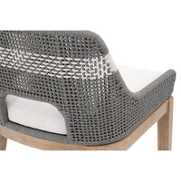 Gray woven rope counter stool with white speckle stripe, gray teak legs, and a white all-weather seat cushion.