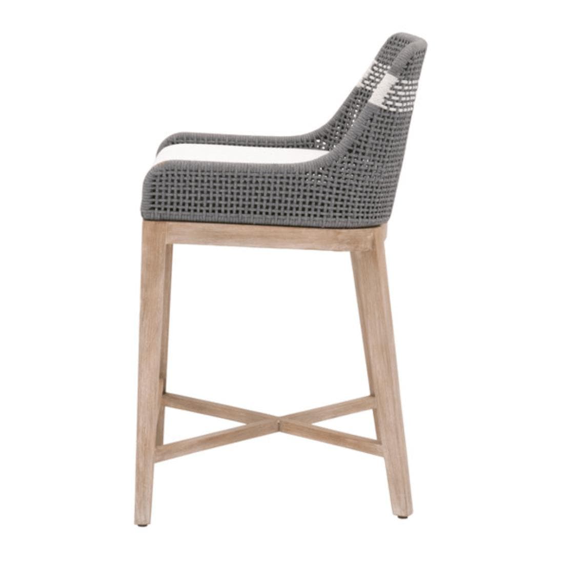 Gray woven rope counter stool with white speckle stripe, gray teak legs, and a white cushion.