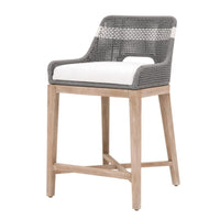 Gray rope counter stool with white stripe, gray teak legs, and white all-weather seat cushion.