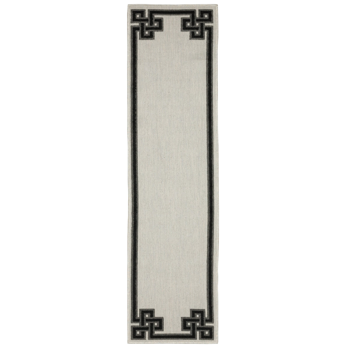 Torrey Beige & Black Outdoor Rug with a tri-colored loop pile pattern on a platinum flatwoven base.