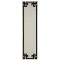 Torrey Beige & Black Outdoor Rug with a tri-colored loop pile pattern on a platinum flatwoven base.
