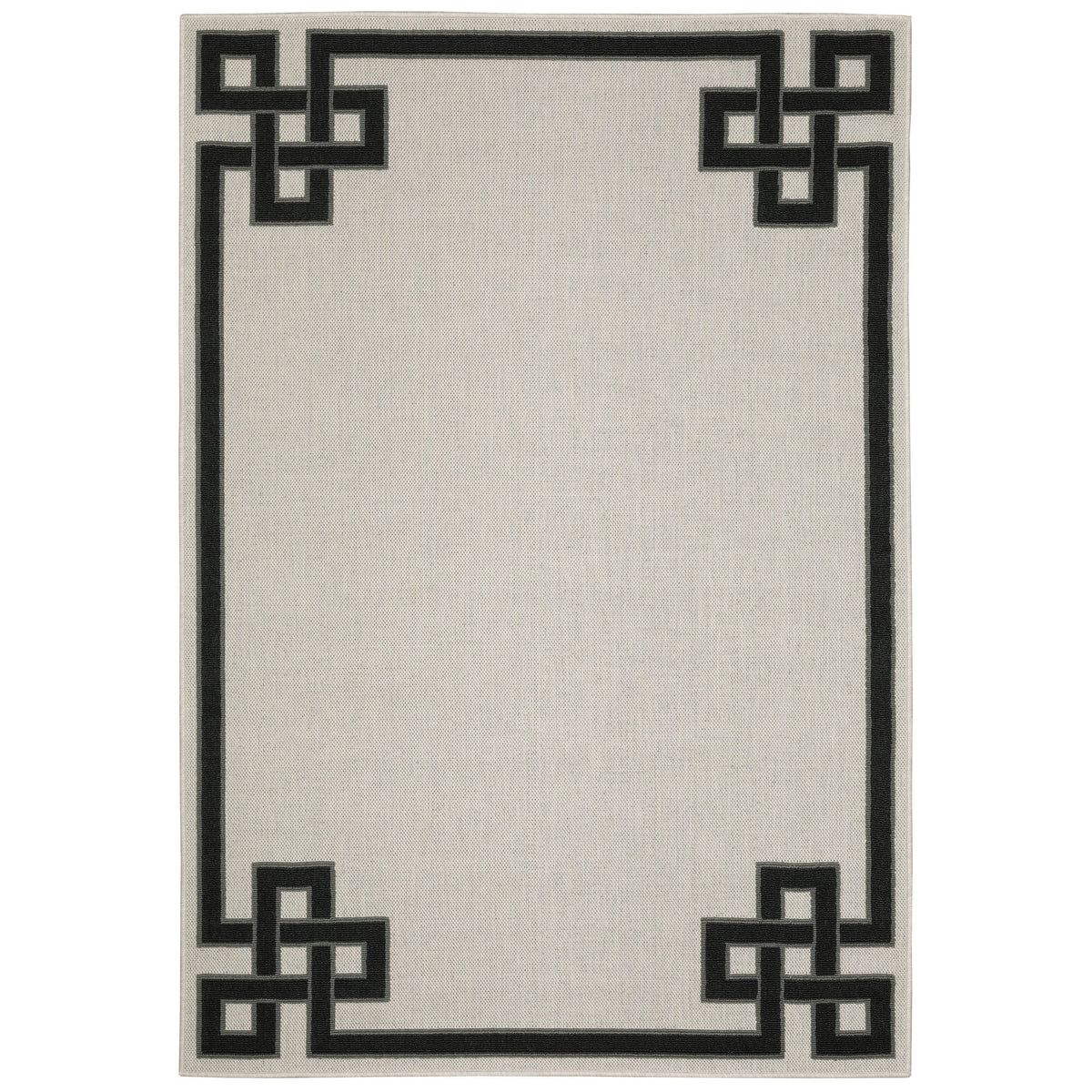 Torrey Beige & Black Outdoor Rug with a flatwoven base and black geometric loop pile border.