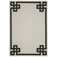 Torrey Beige & Black Outdoor Rug with a flatwoven base and black geometric loop pile border.