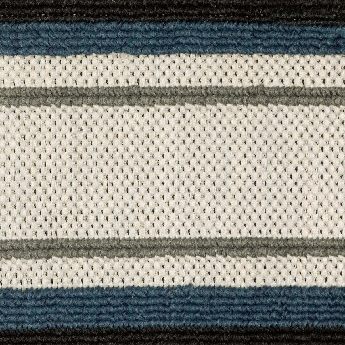 Torrey Beige & Blue Outdoor Rug with flatwoven platinum base and tri-colored loop pile stripes.