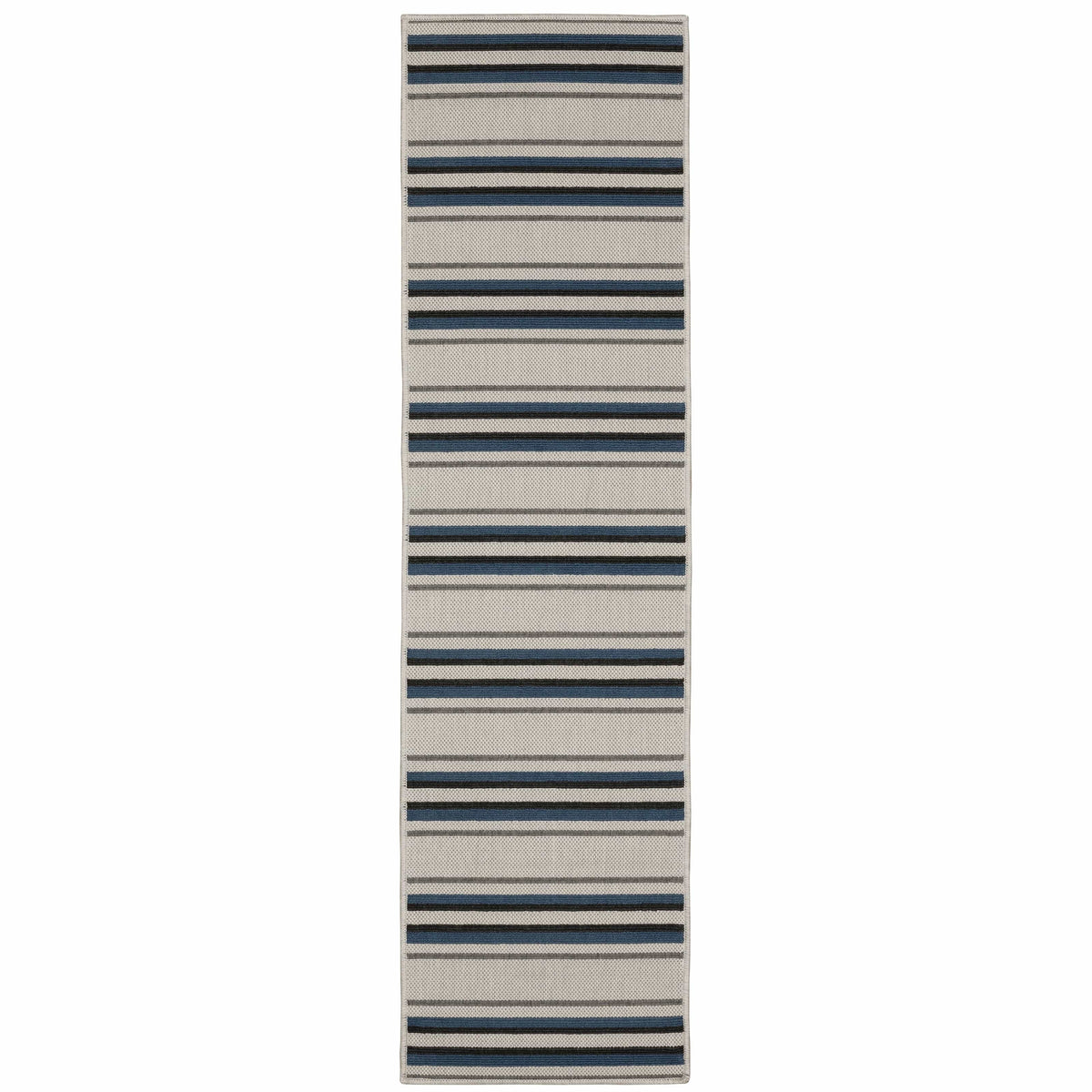 Torrey Beige & Blue Outdoor Rug with horizontal stripes, flatwoven and loop textures.