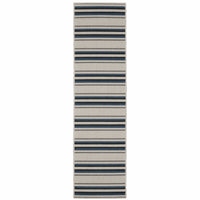 Torrey Beige & Blue Outdoor Rug with horizontal stripes, flatwoven and loop textures.