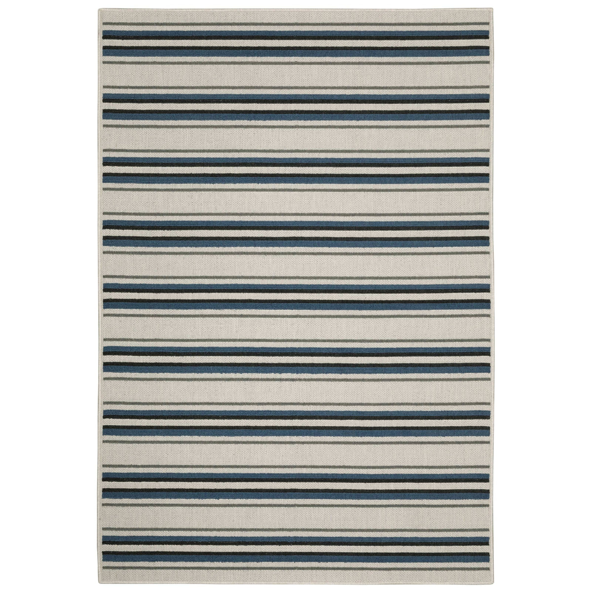 Torrey Beige & Blue Outdoor Rug with flatwoven and loop textures, featuring tri-colored stripes.