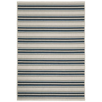 Torrey Beige & Blue Outdoor Rug with flatwoven and loop textures, featuring tri-colored stripes.