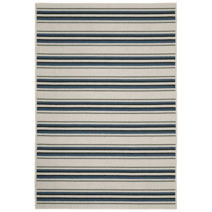 Torrey Beige & Blue Outdoor Rug with flatwoven and loop textures, featuring tri-colored stripes.
