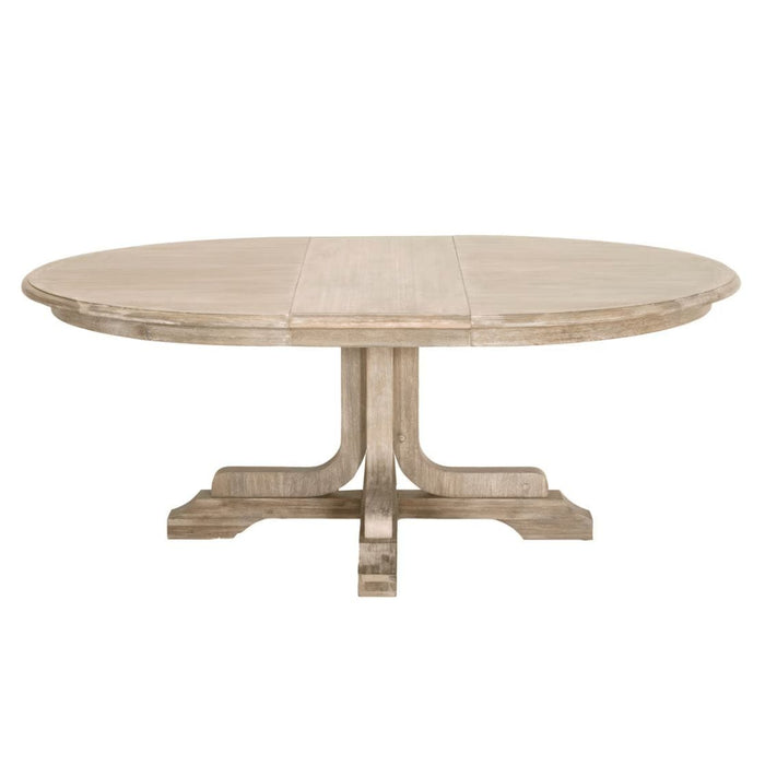 Torrey Natural Gray Acacia Extension Dining Table, oval with leaf, solid wood base.