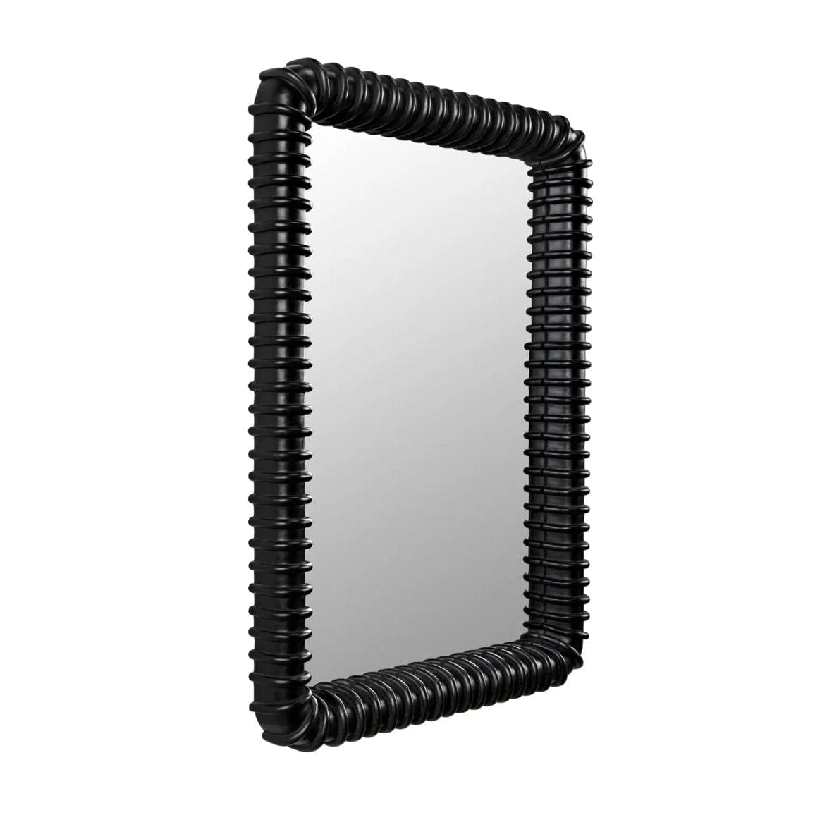 Toshi Mirror: Black hardwood wall mirror with hand-carved ribbed frame, rounded rectangular, industrial style.