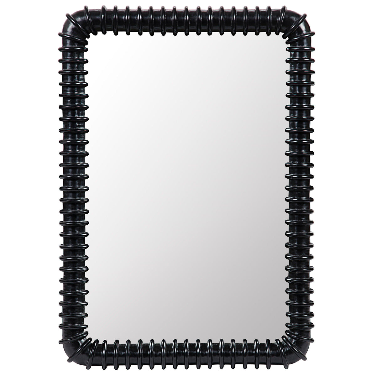 Toshi Mirror: Rounded rectangular black hardwood mirror with hand-carved ribbed industrial design.