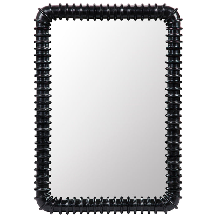 Toshi Mirror: Rounded rectangular black hardwood mirror with hand-carved ribbed industrial design.