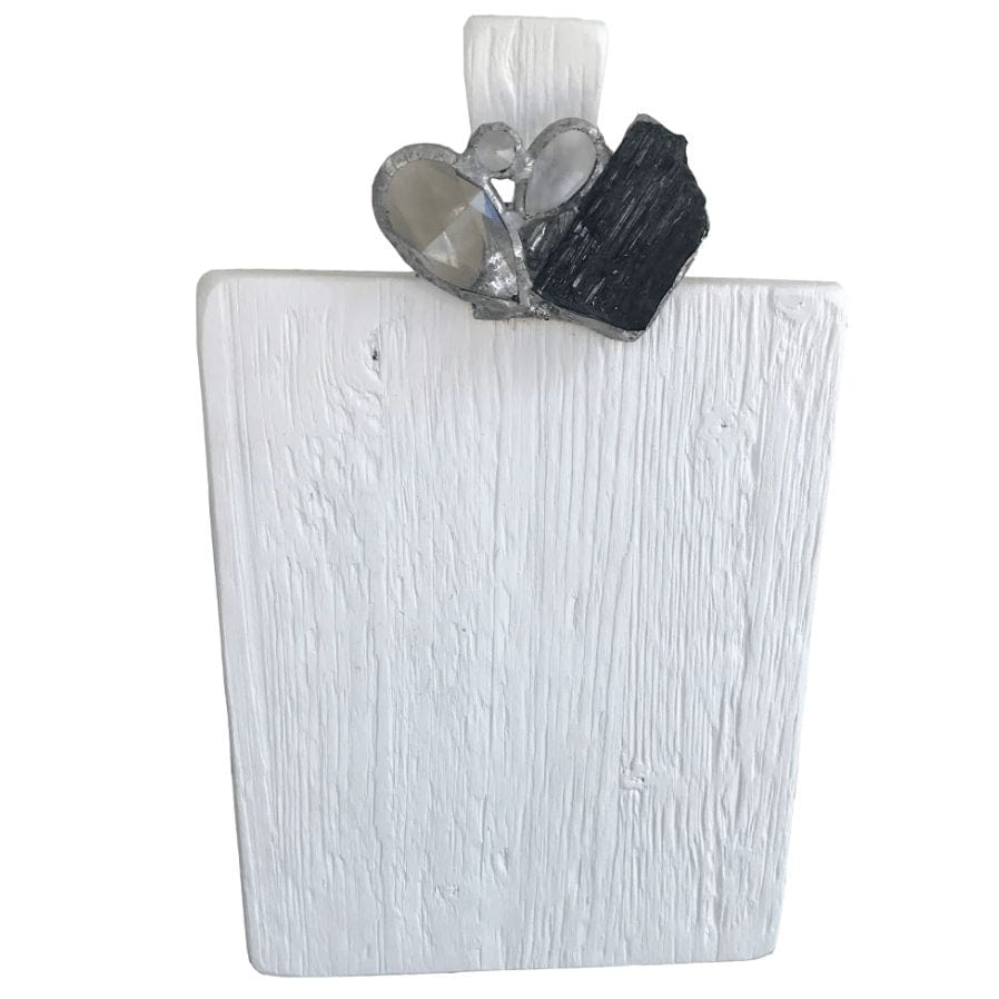 White reclaimed pine charcuterie board with a tourmaline gemstone and elegant design.
