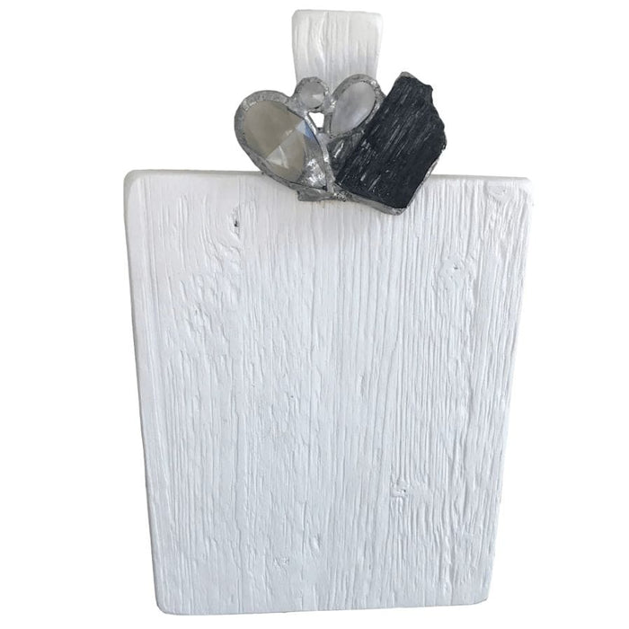 White reclaimed pine charcuterie board with a tourmaline gemstone and elegant design.