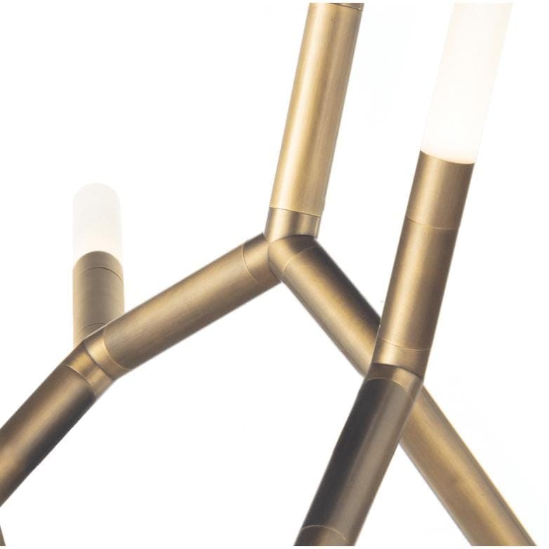 Modern Traveler Chandelier in natural brass with branching arms and frosted acrylic bulb covers.