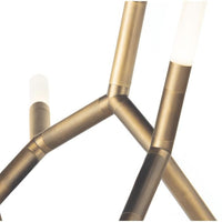 Modern Traveler Chandelier in natural brass with branching arms and frosted acrylic bulb covers.