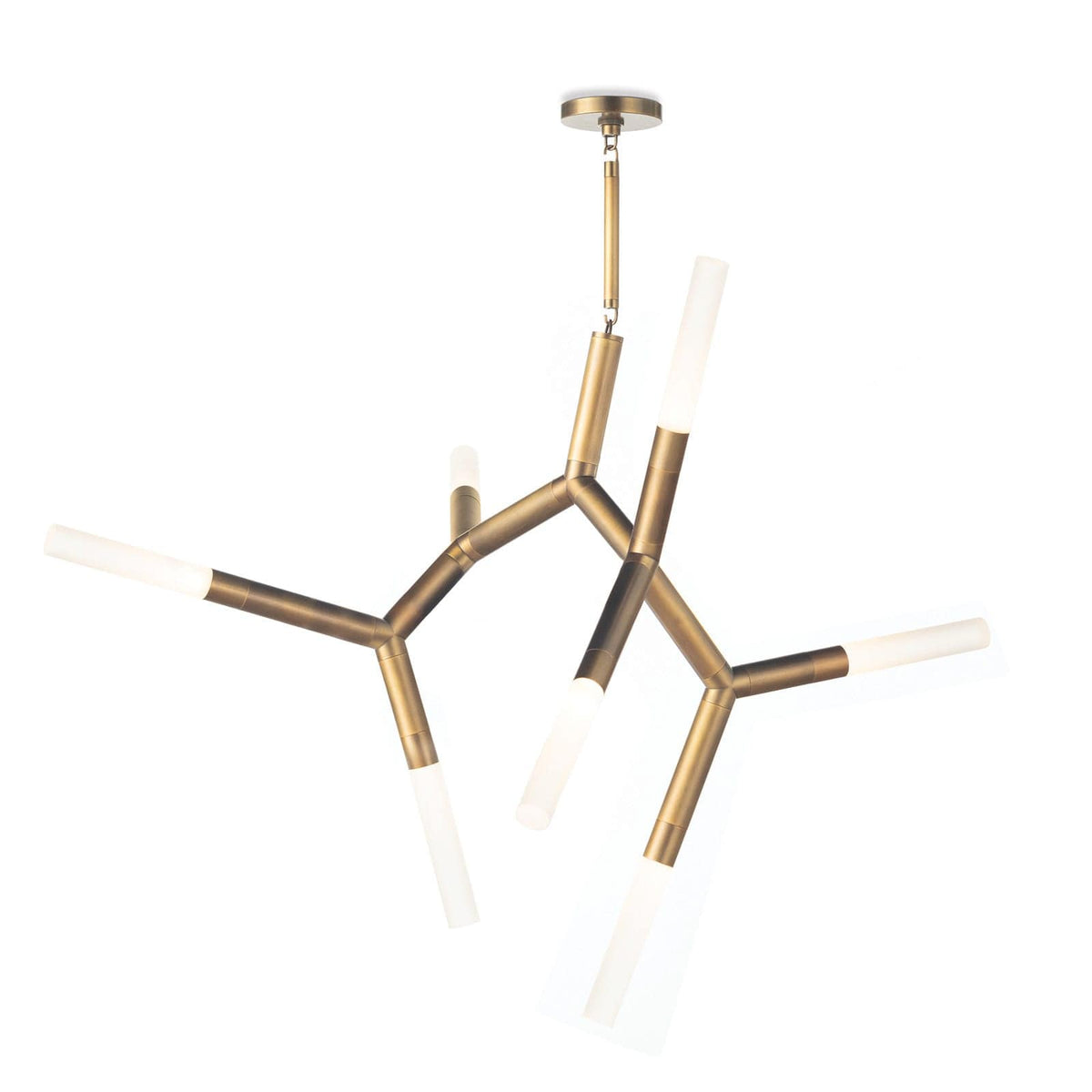 Modern Traveler Chandelier in natural brass with branching arms and frosted acrylic bulb covers.