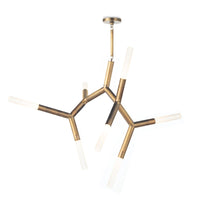 Modern Traveler Chandelier in natural brass with branching arms and frosted acrylic bulb covers.