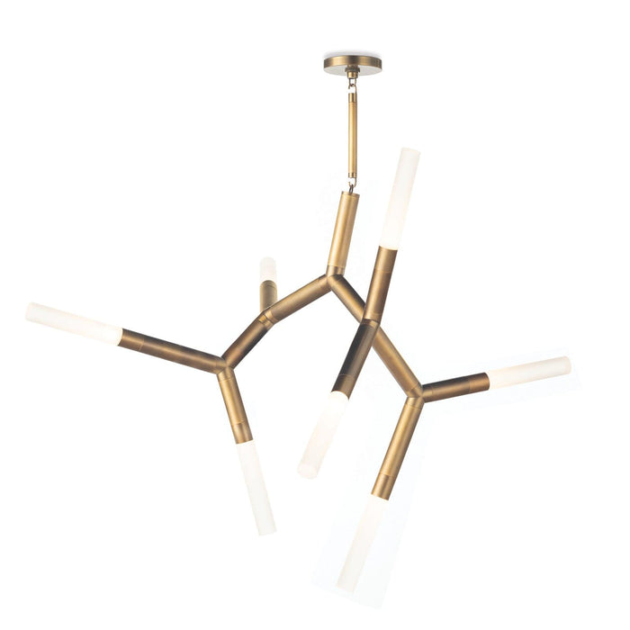 Modern Traveler Chandelier in natural brass with branching arms and frosted acrylic bulb covers.