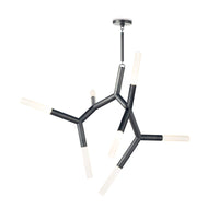 Modern Traveler Chandelier in oil rubbed bronze with branching arms and frosted acrylic bulb covers.