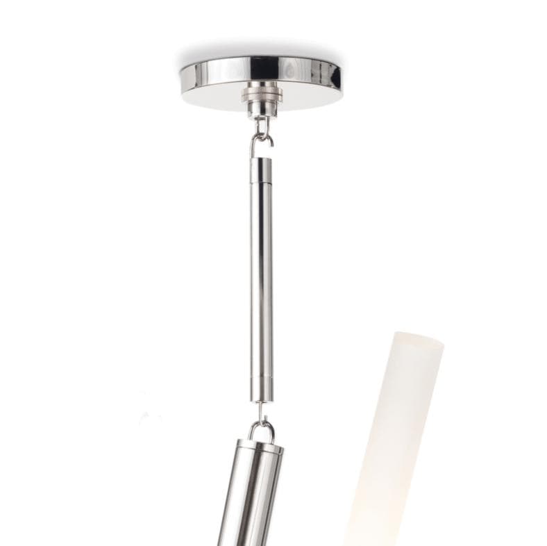 Traveler Chandelier in polished nickel with a modern, branching design and frosted acrylic bulb covers.