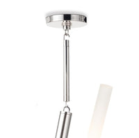 Traveler Chandelier in polished nickel with a modern, branching design and frosted acrylic bulb covers.