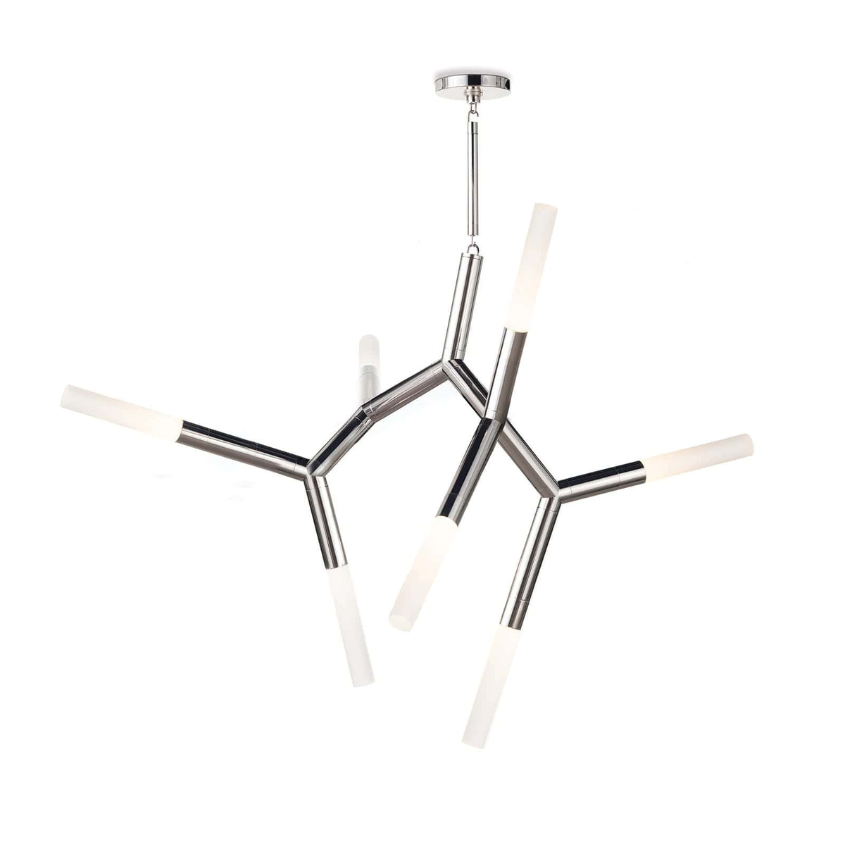 Modern Traveler Chandelier in polished nickel with branching arms and frosted acrylic bulb covers.