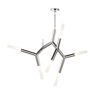 Modern Traveler Chandelier in polished nickel with branching arms and frosted acrylic bulb covers.