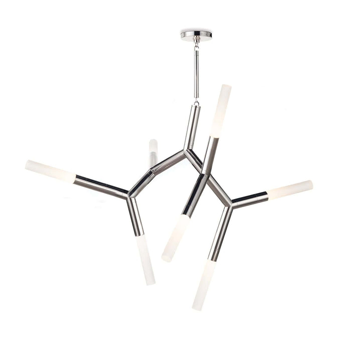 Modern Traveler Chandelier in polished nickel with branching arms and frosted acrylic bulb covers.