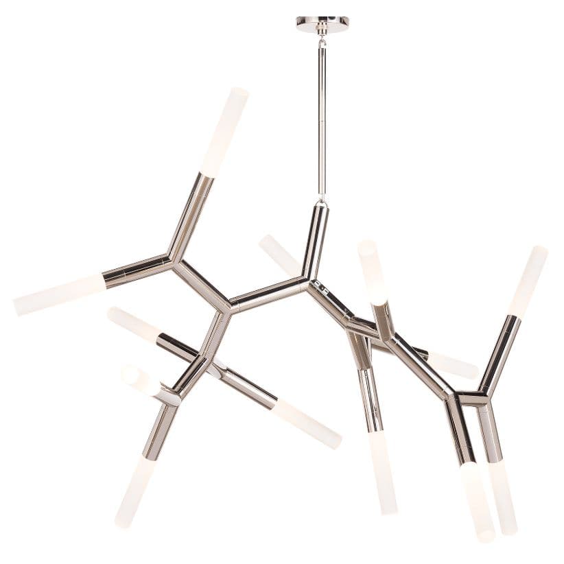 Traveler Large Chandelier in polished nickel with branching arms and frosted acrylic bulb covers.