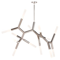 Traveler Large Chandelier in polished nickel with branching arms and frosted acrylic bulb covers.
